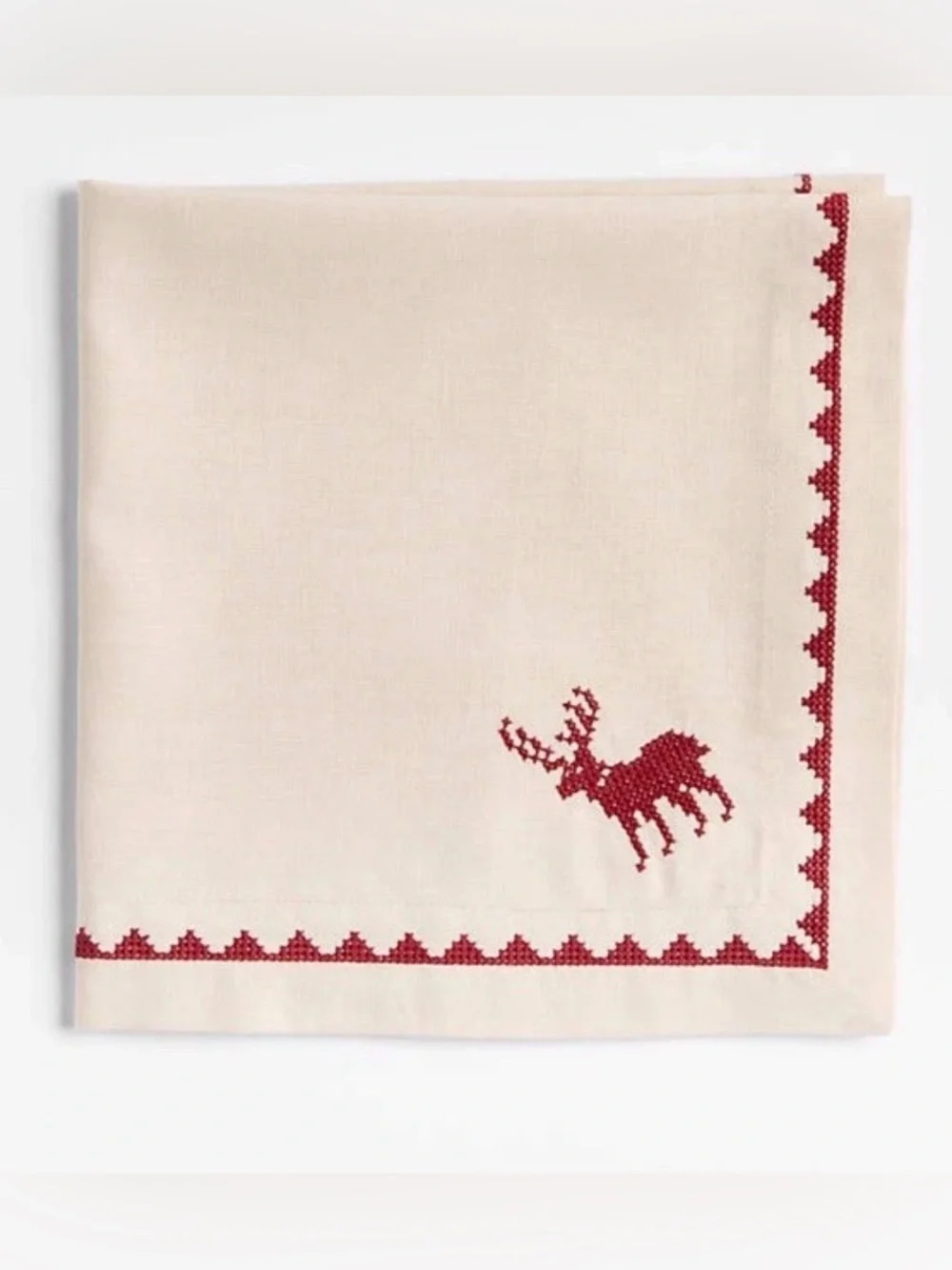 Crate & Barrel Red Cross Stitch Holiday Reindeer Dinner Napkins  ( Set Of 4 )